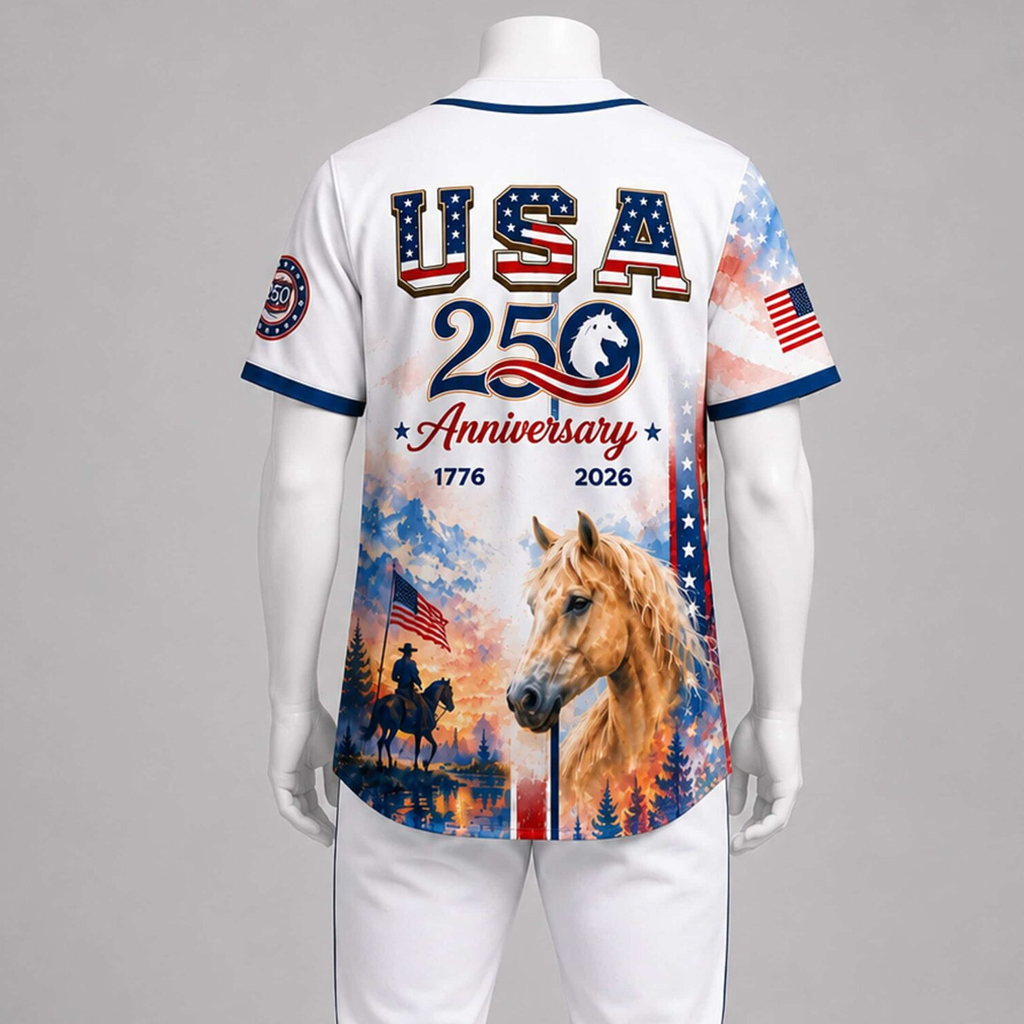 Unisex 2026 USA 250th Anniversary Horse Graphic Baseball Jersey for Patriotic Fans 3 Unisex 2026 USA 250th Anniversary Horse Graphic Baseball Jersey for Patriotic Fans