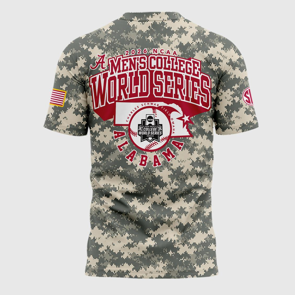 Unisex Alabama Crimson Tide 2026 Baseball College World Series Camo Graphic Shirt for College Sports Fans 3 Unisex Alabama Crimson Tide 2026 Baseball College World Series Camo Graphic Shirt for College Sports Fans
