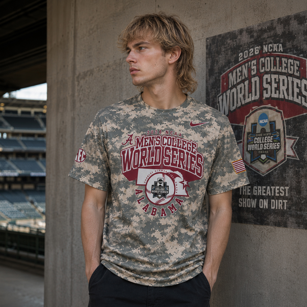 Unisex Alabama Crimson Tide 2026 Baseball College World Series Camo Graphic Shirt for College Sports Fans 4 Unisex Alabama Crimson Tide 2026 Baseball College World Series Camo Graphic Shirt for College Sports Fans