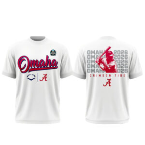 Unisex Alabama Crimson Tide Omaha Bound 2026 College World Series All White Graphic Shirt for College Sports Fans