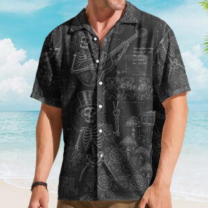 Unisex Grateful Dead Black Dancing Bears Patent Sketch Stealie Skull Hawaiian Shirt for Rock Music Fans