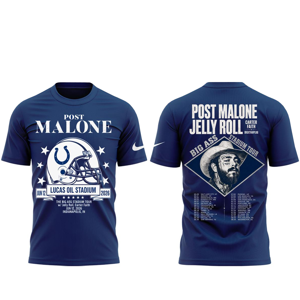 Unisex Indianapolis Colts x Post Malone The Big Ass Stadium Tour 2026 Graphic Shirt for Football and Music Fans 1 Unisex Indianapolis Colts x Post Malone The Big Ass Stadium Tour 2026 Graphic Shirt for Football and Music Fans
