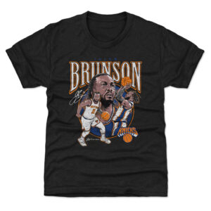 Unisex New York Knicks Jalen Brunson Heather Black Trio Caricature Graphic Shirt for Basketball Fans