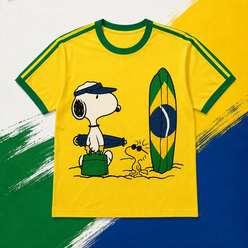 Unisex Snoopy Peanuts Brazil Surfing Yellow World Cup 2026 Graphic Shirt for Soccer Fans