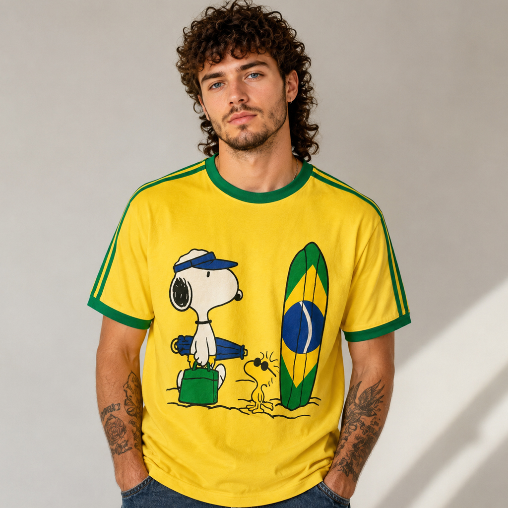 Unisex Snoopy Peanuts Brazil Surfing Yellow World Cup 2026 Graphic Shirt for Soccer Fans