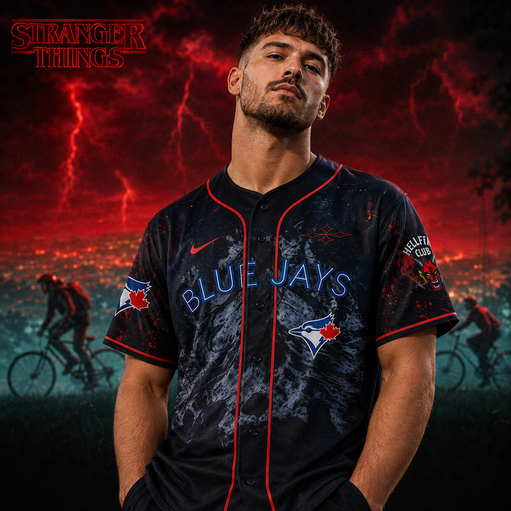Unisex Stranger Things X Toronto Blue Jays Baseball Jersey for Baseball Fans 2 Unisex Stranger Things X Toronto Blue Jays Baseball Jersey for Baseball Fans - Image 2