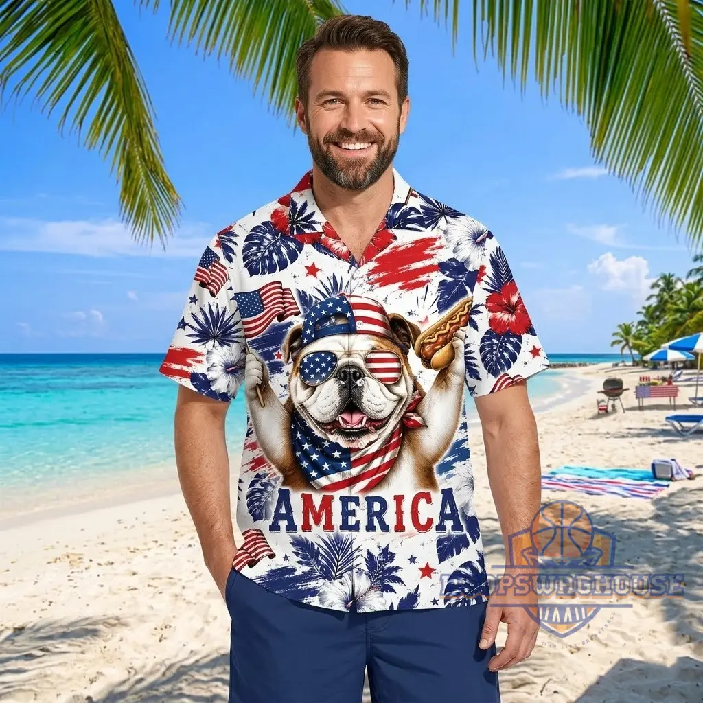 Unisex America Patriotic Bulldog Graphic Hawaiian Shirt for Fans - Image 3