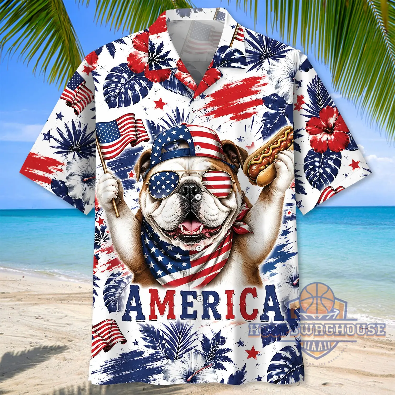Unisex America Patriotic Bulldog Graphic Hawaiian Shirt for Fans