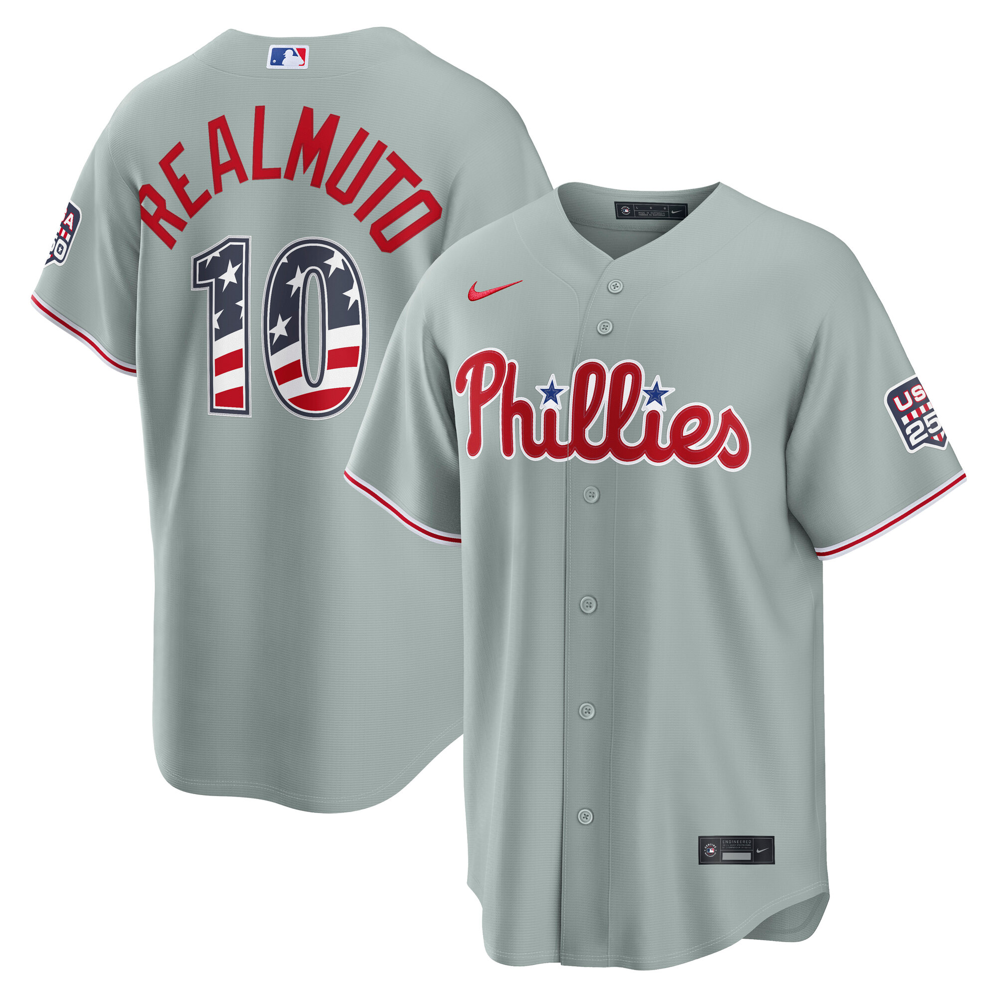 Unisex Philadelphia Phillies J.T. Realmuto Gray USA 250 Fourth of July Road Graphic Baseball Jersey for Baseball Fans