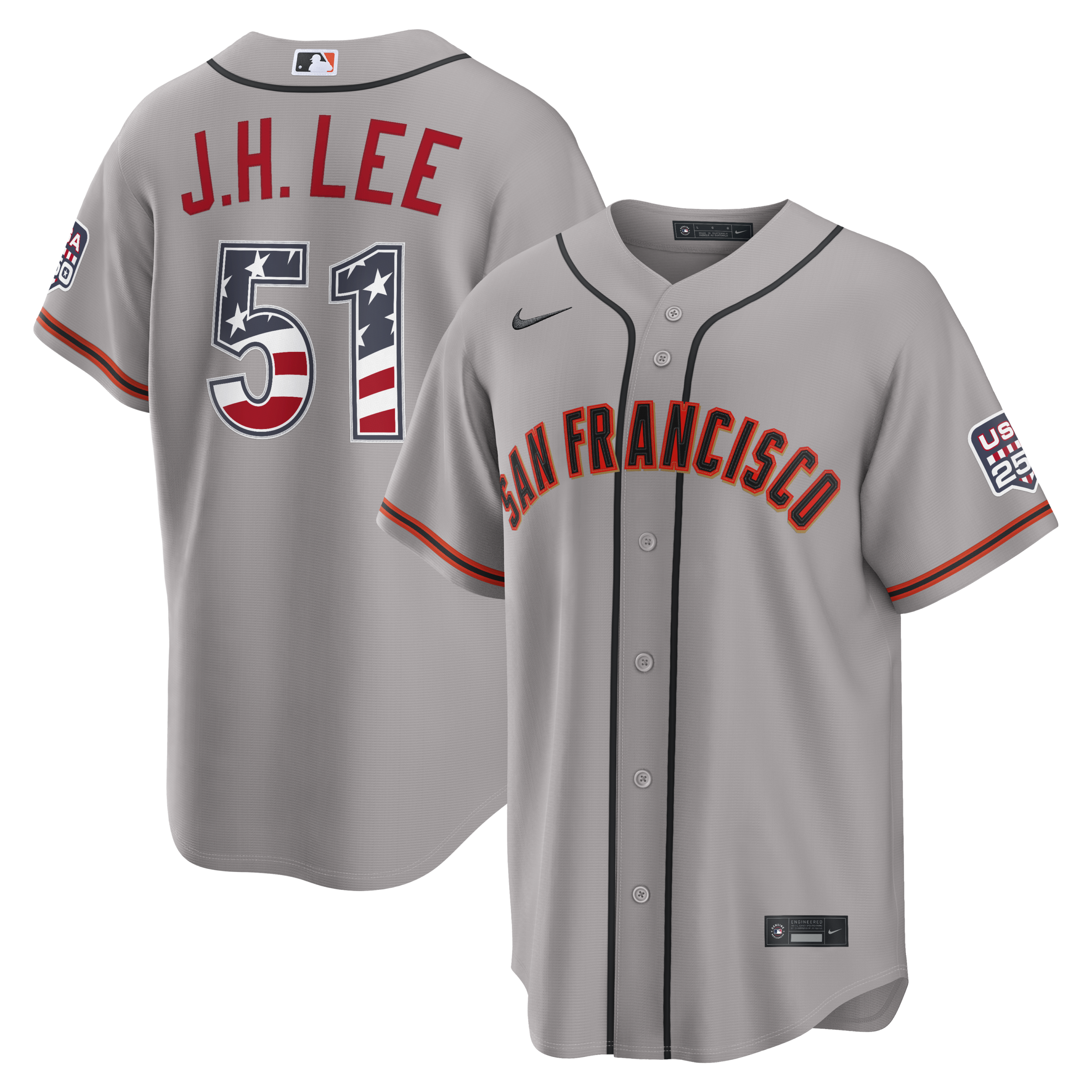 Unisex San Francisco Giants Jung Hoo Lee Gray USA 250 Fourth of July Road Graphic Baseball Jersey for Baseball Fans - Image 2