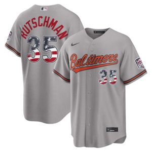Unisex Baltimore Orioles Adley Rutschman Gray USA 250 Fourth of July Road Graphic Baseball Jersey for Baseball Fans