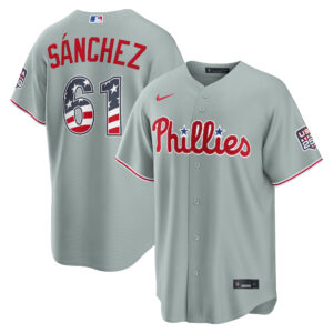 Unisex Philadelphia Phillies Cristopher Sanchez Gray USA 250 Fourth of July Road Graphic Baseball Jersey for Baseball Fans