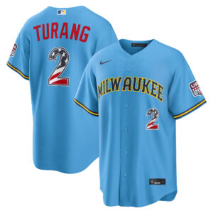 Unisex Milwaukee Brewers Brice Turang Light Blue USA 250 Fourth of July Road Graphic Baseball Jersey for Baseball Fans