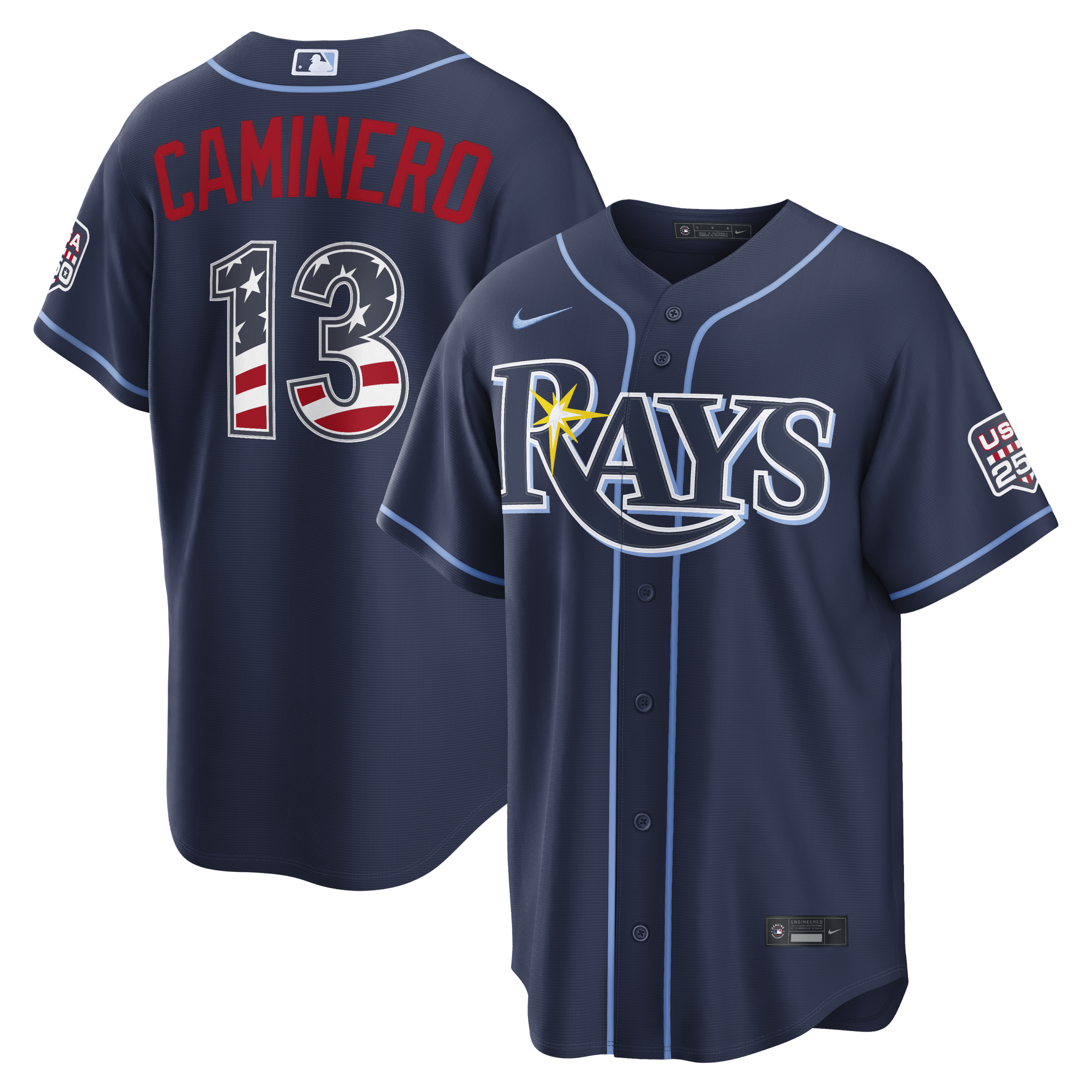 Unisex Tampa Bay Rays Junior Caminero Navy USA 250 Fourth of July Road Graphic Baseball Jersey for Baseball Fans - Image 2