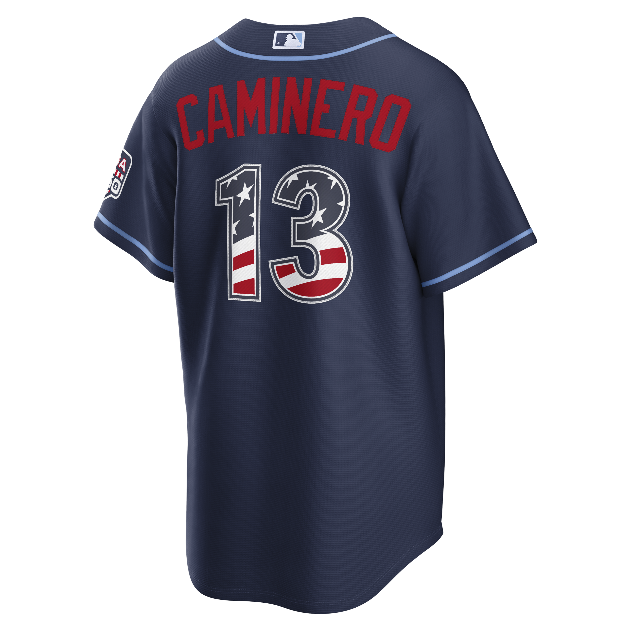 Unisex Tampa Bay Rays Junior Caminero Navy USA 250 Fourth of July Road Graphic Baseball Jersey for Baseball Fans - Image 4