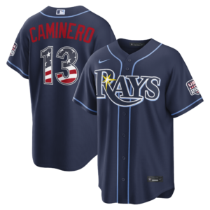 Unisex Tampa Bay Rays Junior Caminero Navy USA 250 Fourth of July Road Graphic Baseball Jersey for Baseball Fans