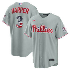 Unisex Philadelphia Phillies Bryce Harper Gray USA 250 Fourth of July Road Graphic Baseball Jersey for Baseball Fans