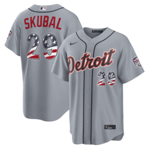 Unisex Detroit Tigers Tarik Skubal Gray USA 250 Fourth of July Road Graphic Baseball Jersey for Baseball Fans