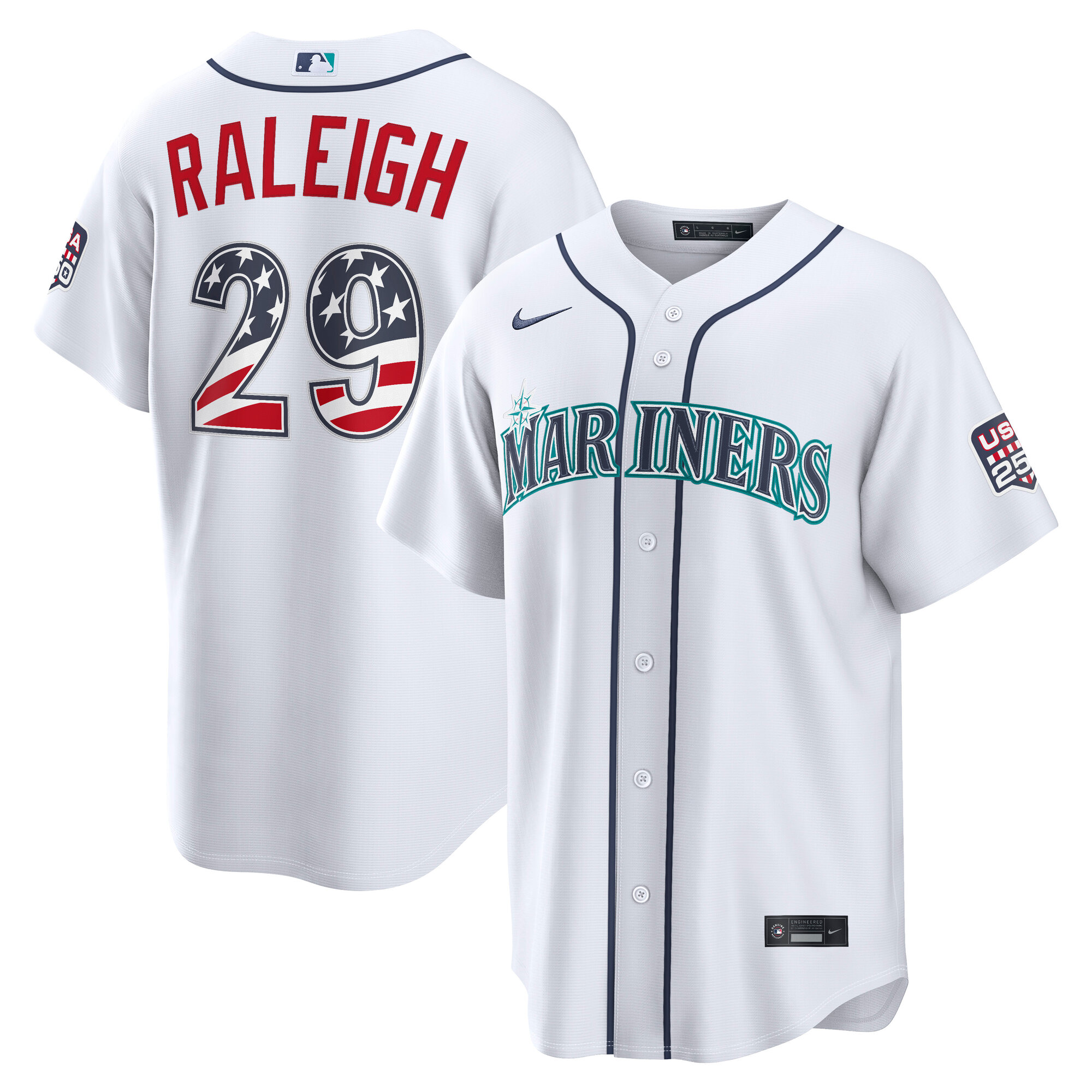 Unisex Seattle Mariners Cal Raleigh White USA 250 Fourth of July Home Graphic Baseball Jersey for Baseball Fans