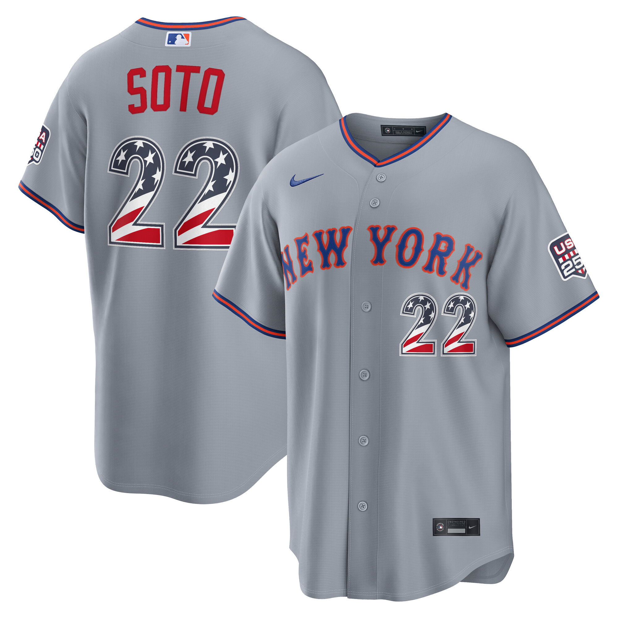 Unisex New York Mets Juan Soto Gray USA 250 Fourth of July Road Graphic Baseball Jersey for Baseball Fans - Image 2