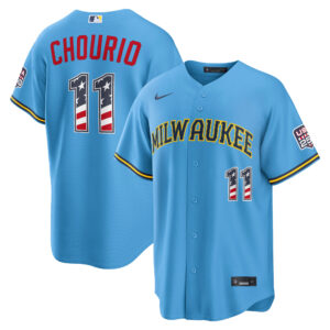 Unisex Milwaukee Brewers Jackson Chourio Light Blue USA 250 Fourth of July Road Graphic Baseball Jersey for Baseball Fans