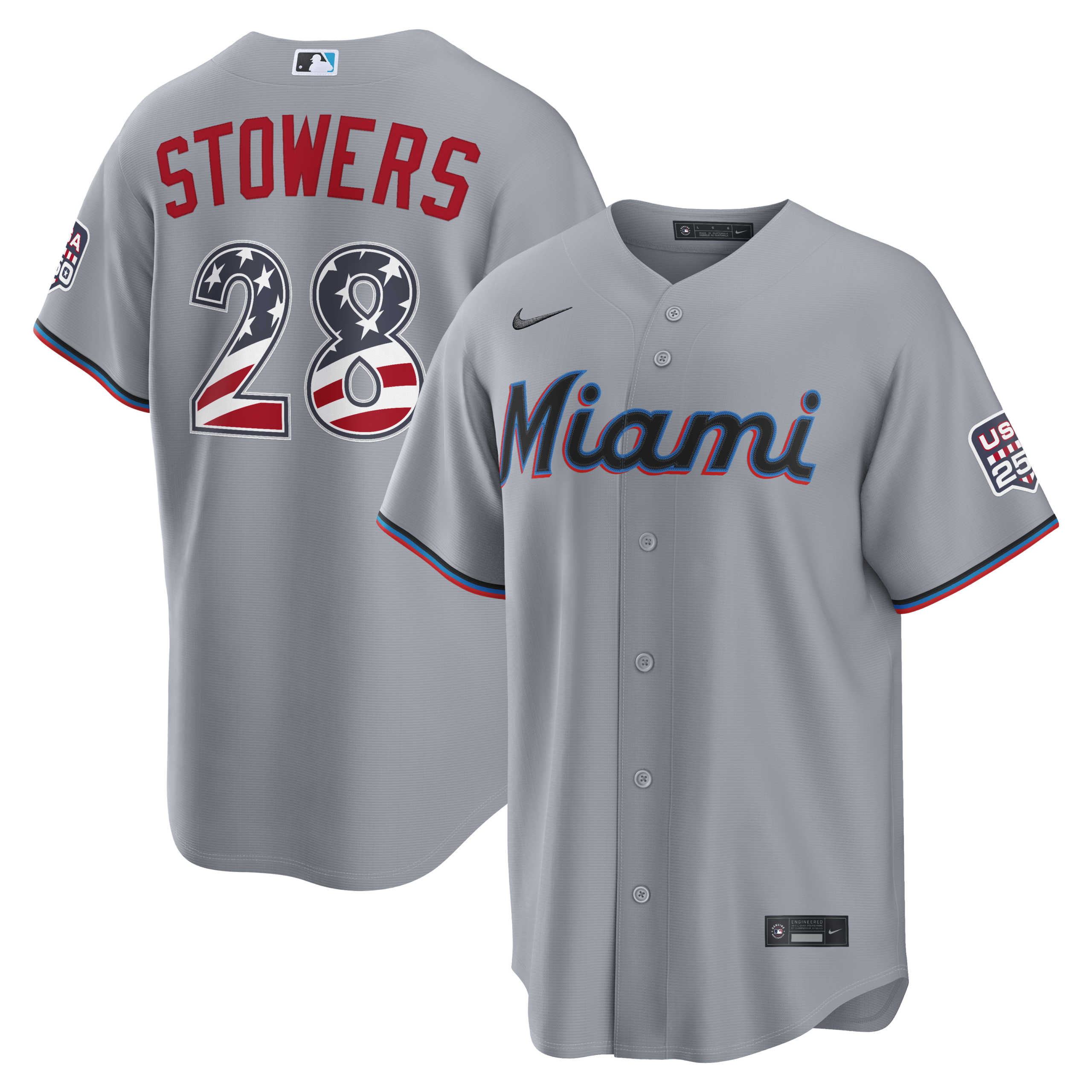 Unisex Miami Marlins Kyle Stowers Gray USA 250 Fourth of July Road Graphic Baseball Jersey for Baseball Fans - Image 2