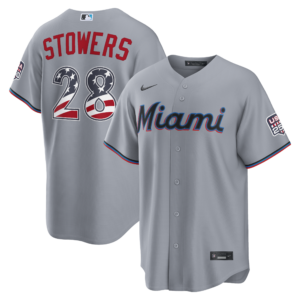 Unisex Miami Marlins Kyle Stowers Gray USA 250 Fourth of July Road Graphic Baseball Jersey for Baseball Fans