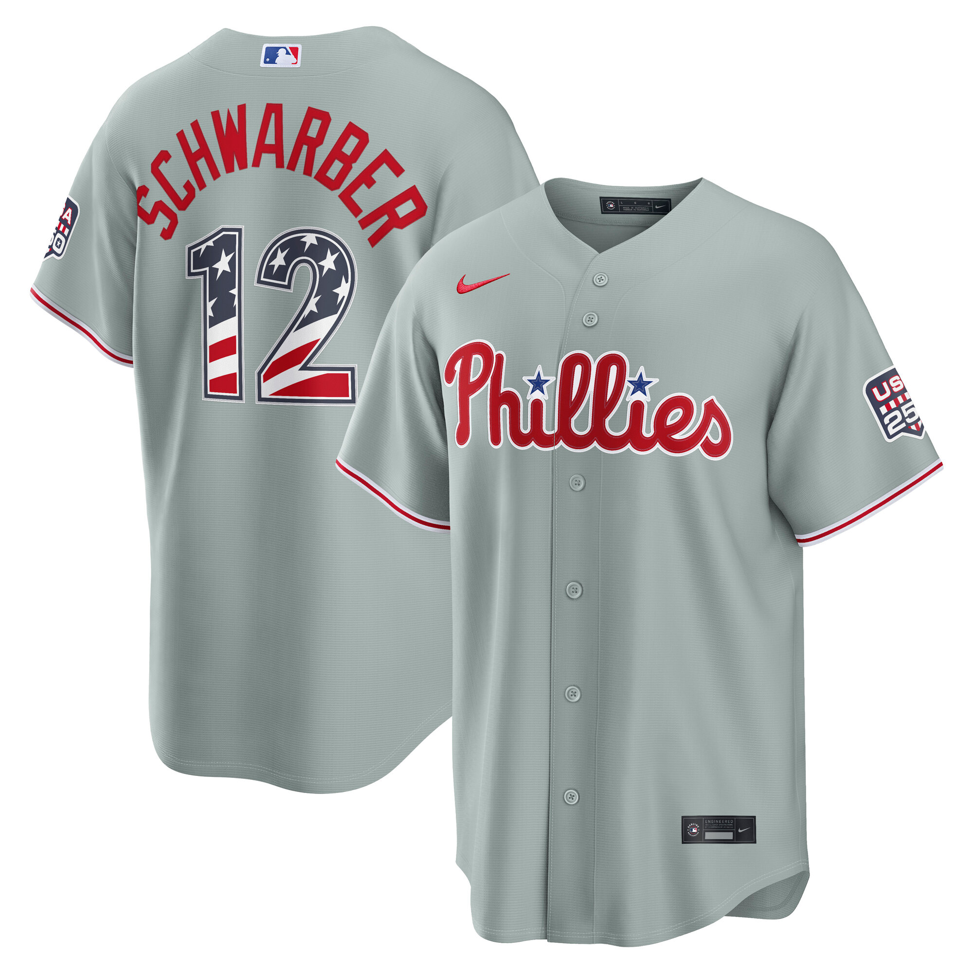 Unisex Philadelphia Phillies Kyle Schwarber Gray USA 250 Fourth of July Road Graphic Baseball Jersey for Baseball Fans