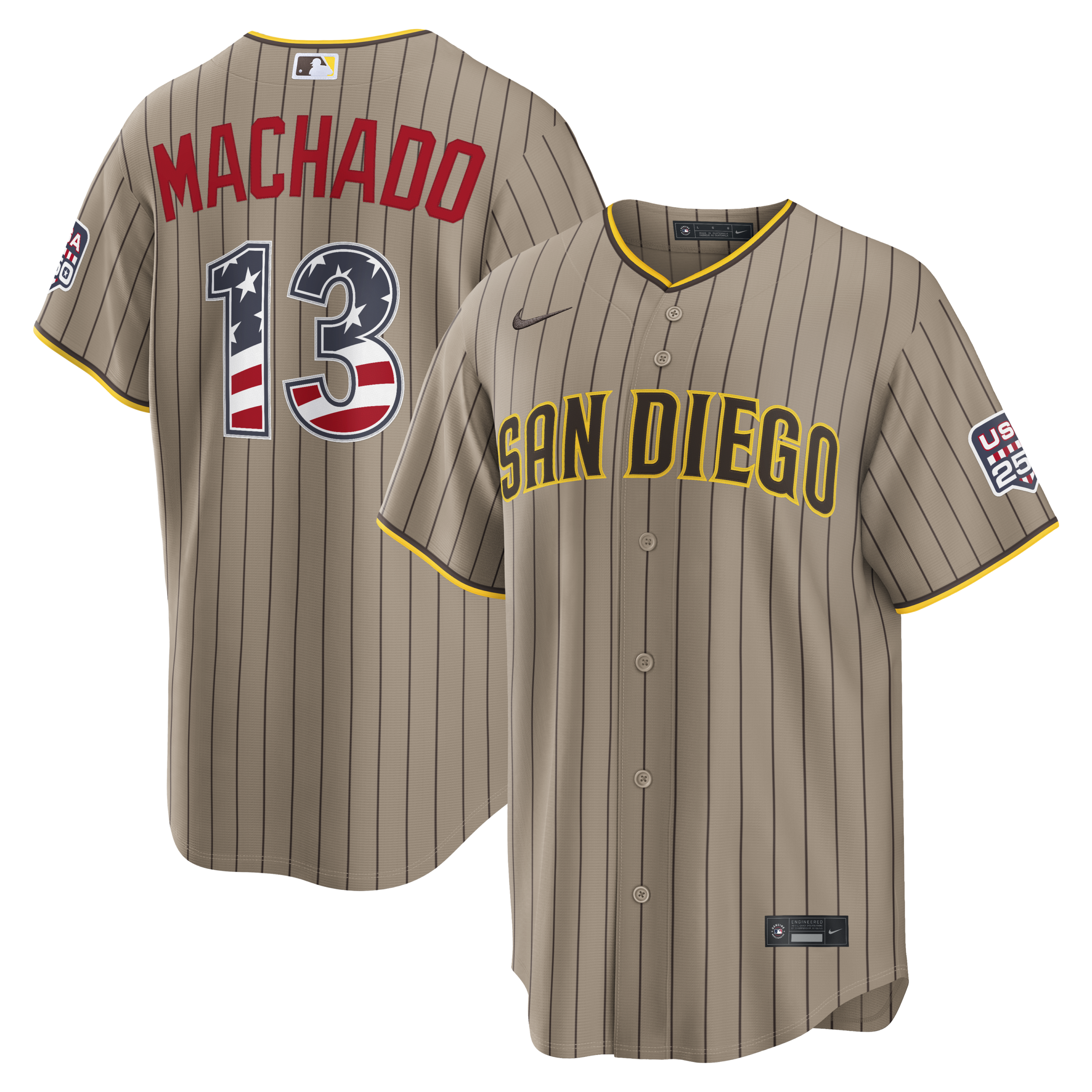 Unisex San Diego Padres Manny Machado Sand USA 250 Fourth of July Alternate Graphic Baseball Jersey for Baseball Fans - Image 2