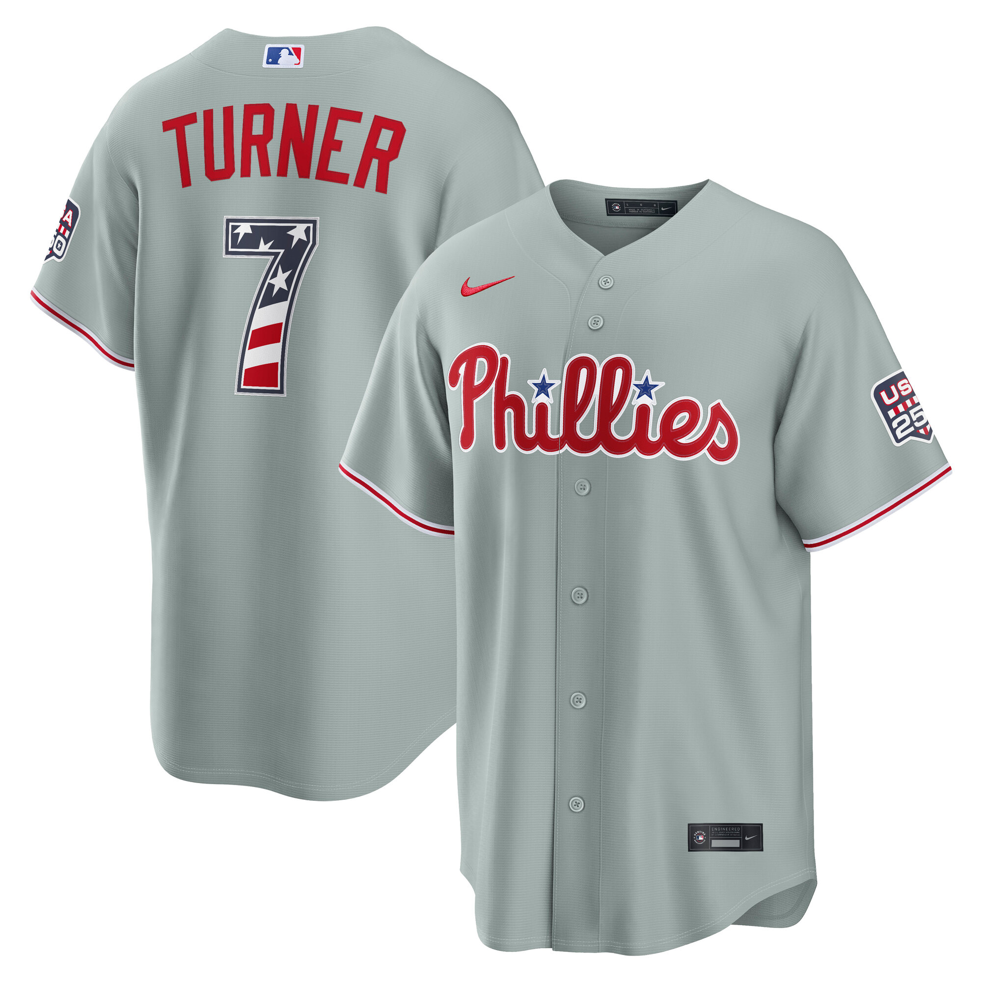 Unisex Philadelphia Phillies Trea Turner Gray USA 250 Fourth of July Road Graphic Baseball Jersey for Baseball Fans - Image 2