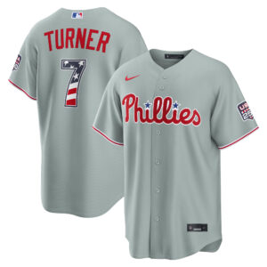 Unisex Philadelphia Phillies Trea Turner Gray USA 250 Fourth of July Road Graphic Baseball Jersey for Baseball Fans