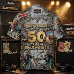 Unisex Iron Maiden 50th Anniversary Since 1975 Graphic Hawaiian Shirt for Music Fans