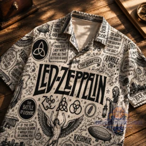 Unisex Led Zeppelin Symbols Doodle Art Button-Up Graphic Hawaiian Shirt for Music Fans