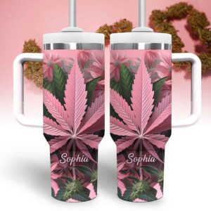 Pink Marijuana Leaf Graphic Tumbler With Handle for Fans
