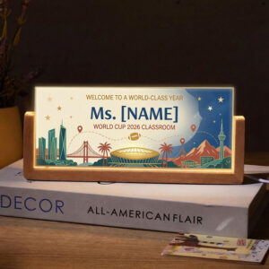 Personalized World Cup City Skyline Teacher Desk Name Plate with LED Base
