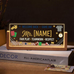 Personalized Chalkboard Sports Teacher Desk Name Plate with LED Base