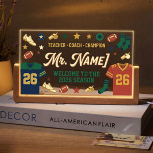 Personalized Varsity Sports Coach Desk Name Plate with LED Base