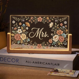 Personalized Romantic Rose Floral Teacher Desk Name Plate with LED Base