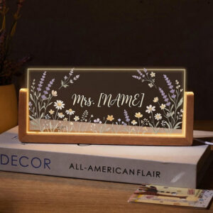 Personalized Blush Rose Daisy Teacher Desk Name Plate with LED Base