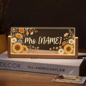 Personalized Sunflower Autumn Floral Teacher Desk Name Plate with LED Base