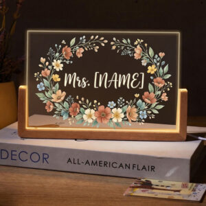 Personalized Boho Floral Wreath Teacher Desk Name Plate with LED Base