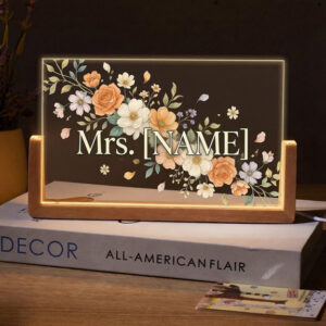 Personalized Peach Rose Bouquet Teacher Desk Name Plate with LED Base