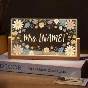 Personalized Pastel Daisy Wildflower Teacher Desk Name Plate with LED Base