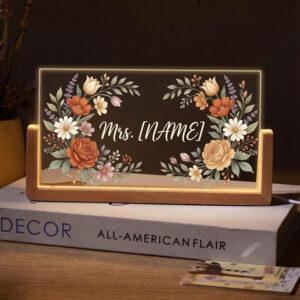 Personalized Vintage Rose Floral Teacher Desk Name Plate with LED Base