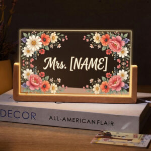 Personalized Pink Peony Daisy Teacher Desk Name Plate with LED Base