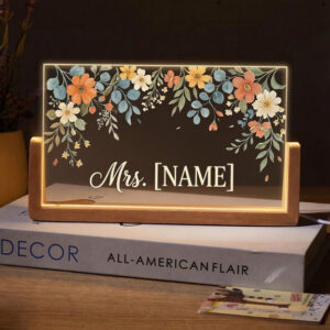 Personalized Blue and Orange Floral Teacher Desk Name Plate with LED Base