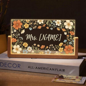 Personalized Autumn Daisy Floral Teacher Desk Name Plate with LED Base