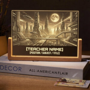 Personalized Futuristic Sci Fi City Teacher Desk Name Plate with LED Base