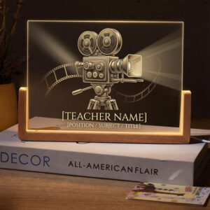 Personalized Vintage Movie Camera Teacher Desk Name Plate with LED Base