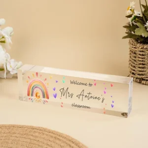 Personalized Rainbow Hearts Classroom Teacher Desk Name Plate